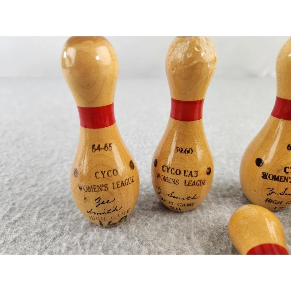 Vintage Miniature Wood lacquered 4 inch bowling pin Trophy League 1960s Pins Lot